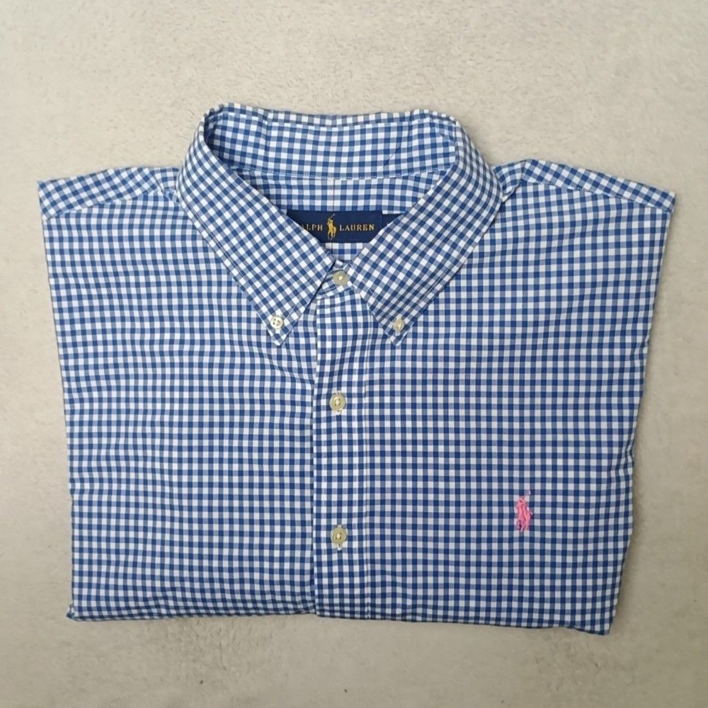 Ralph Lauren Shirt Mens 2XL Blue Gingham Plaid Button-Down Cotton Pink Pony